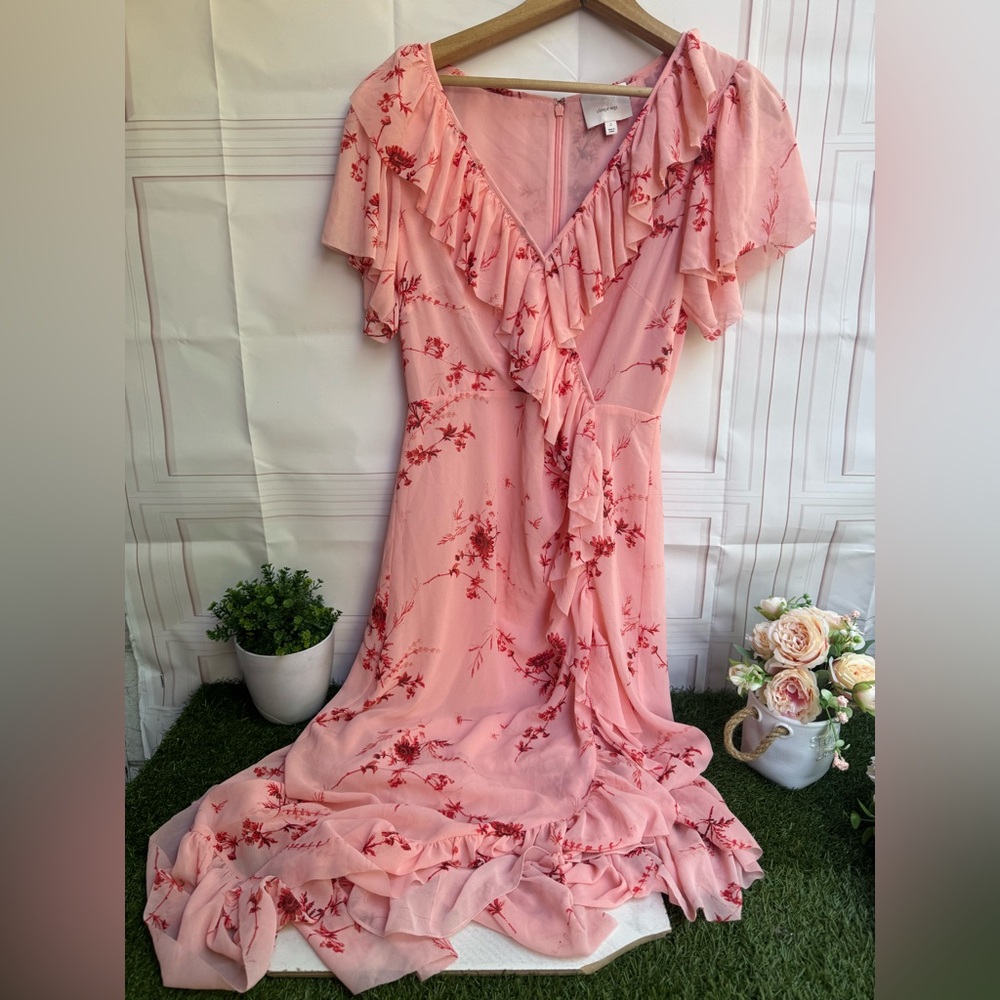 Cinq a Sept Fleur Sheila Faux Wrap dress. pale roseFloral Pink Ruffle Wrap Dress - Picture 8 of 15